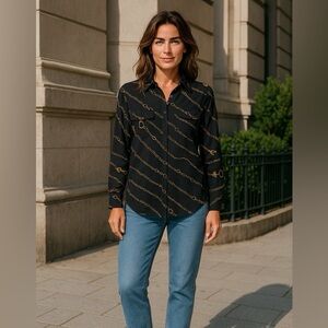 Ann Taylor Black Top with Gold Chain Design